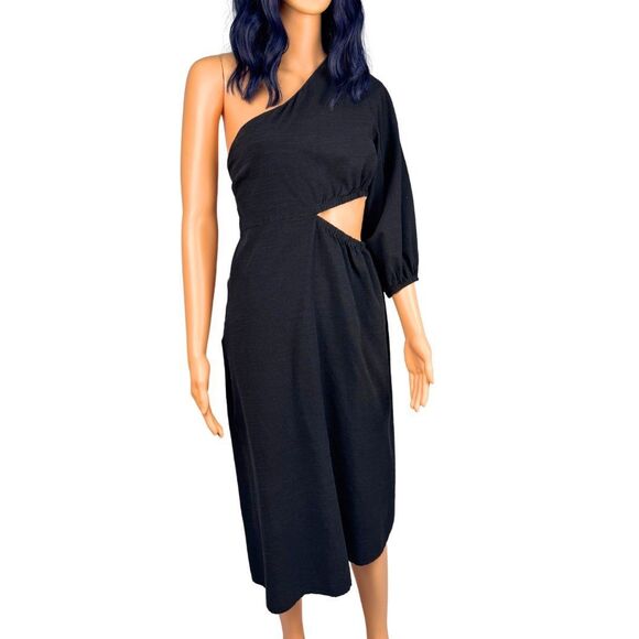 Crescent Black One Shoulder Cut Out Midi Dress Size Large - Picture 5 of 6